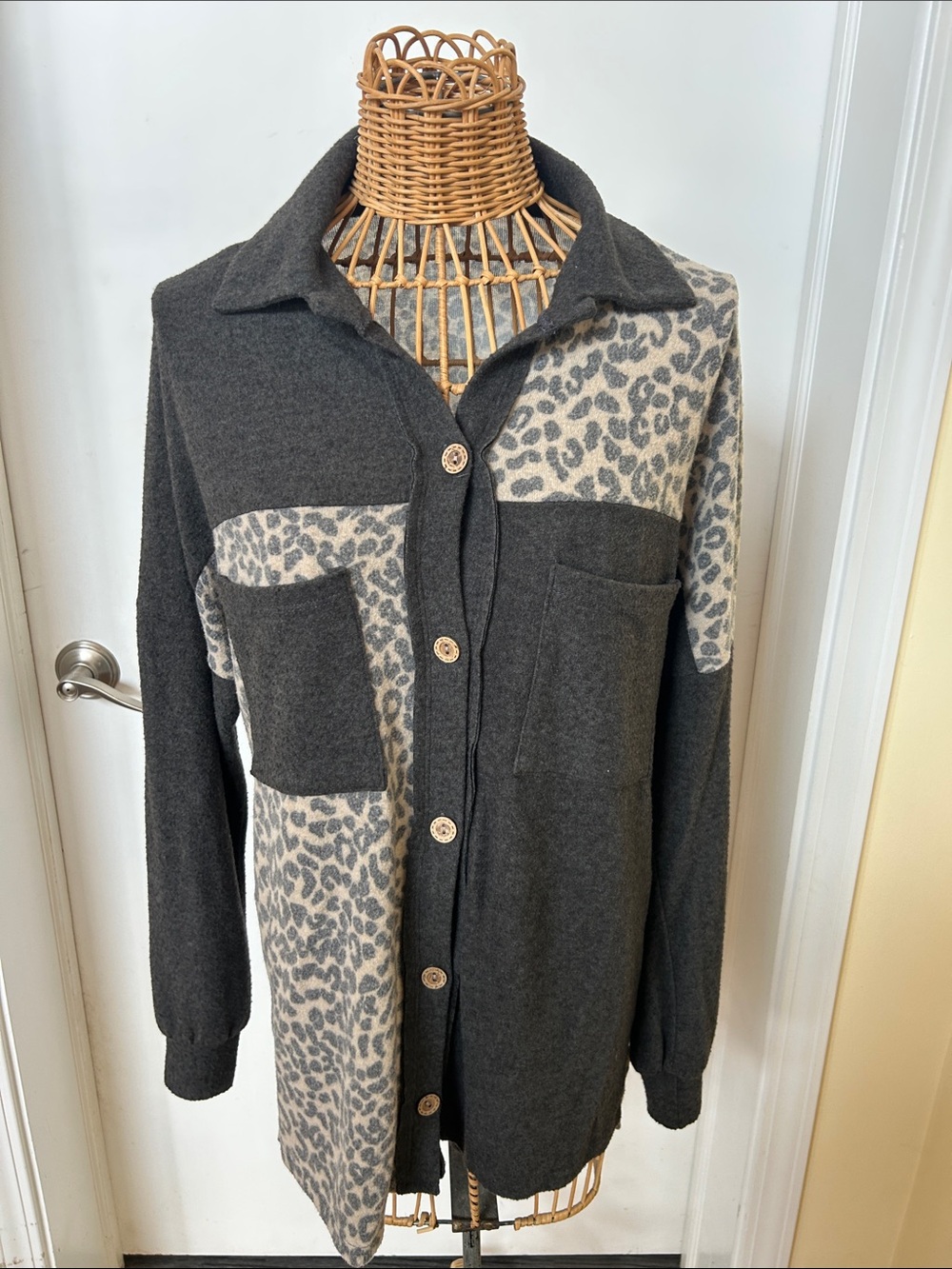 Lovely Melody Charcoal and Cream Leopard Print Button-Up Jacket